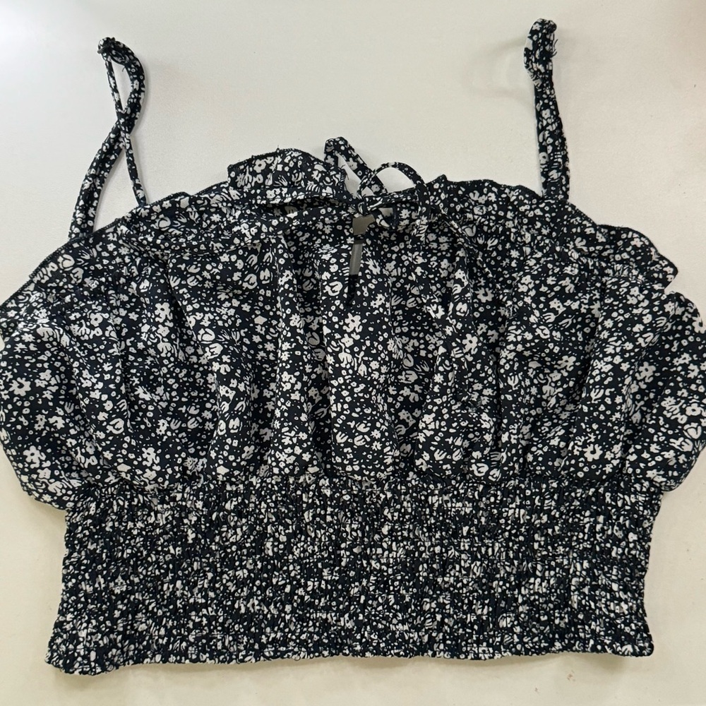 Papermoon Black and White Foral Ruched Crop Tank Top